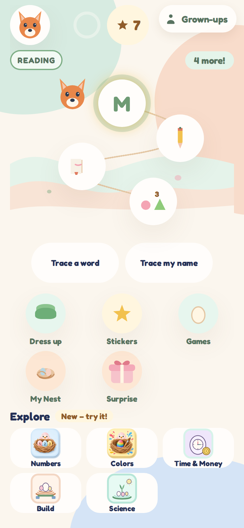 The Today screen: a short lesson with a child's animal friend